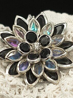Vintage Avon Lotus Flower Silver Tone W' Black & Iridescent Petal Brooch